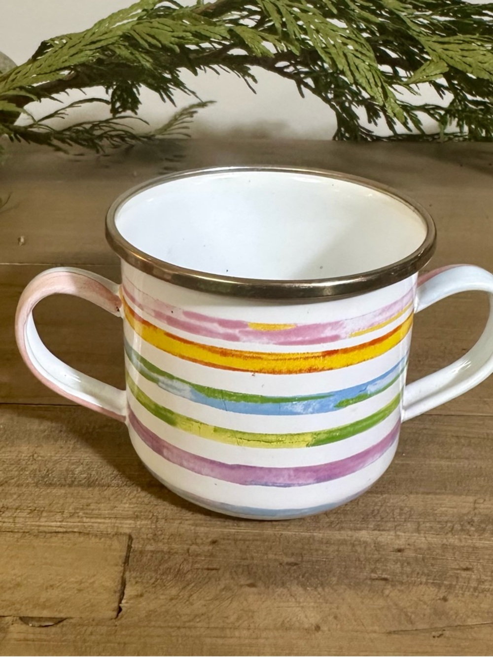 Mackenzie Childs Striped Two-Handle enamelware Mug - Pastel Multicolor *retired